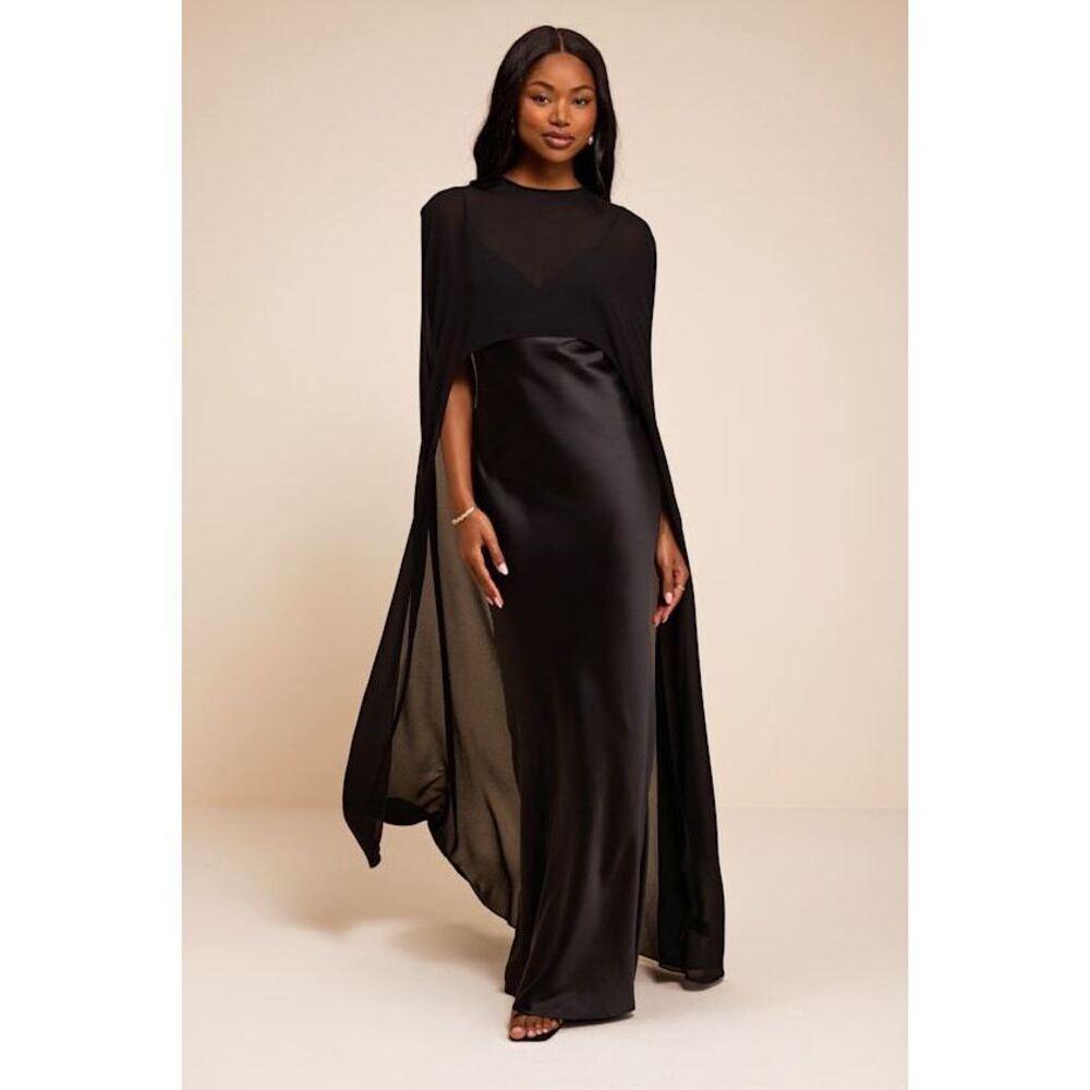 Lulus Cavana Black Satin Cape Maxi Dress - Size XL